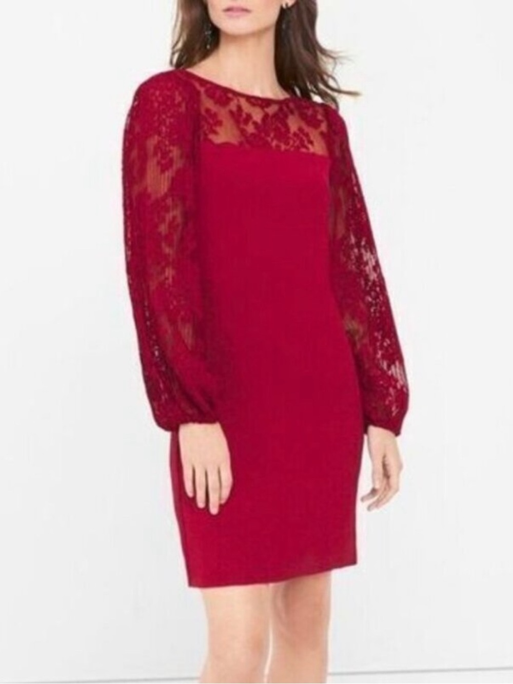 WHBM White House Black Market Floral Lace Sleeve Burgundy Shift Dress Size 2 XS